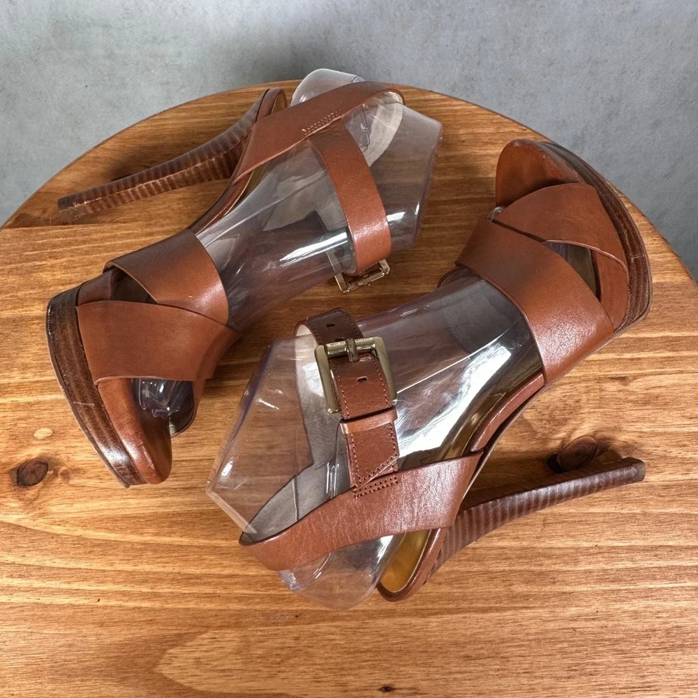Michael Kors Platform Sandals Womens 8M Brown Good Leather Ankle Strap ST15A